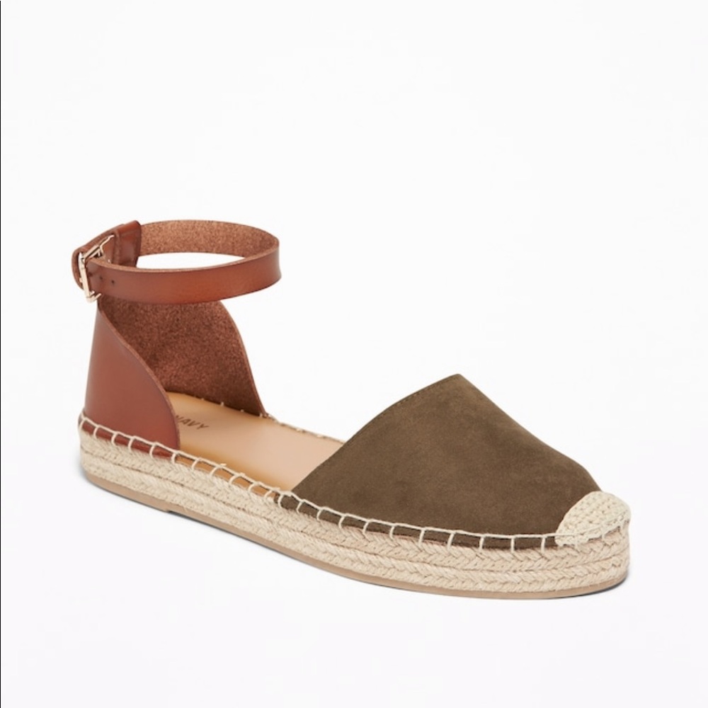 Olive green faux-suede/leather ankle strap shoes